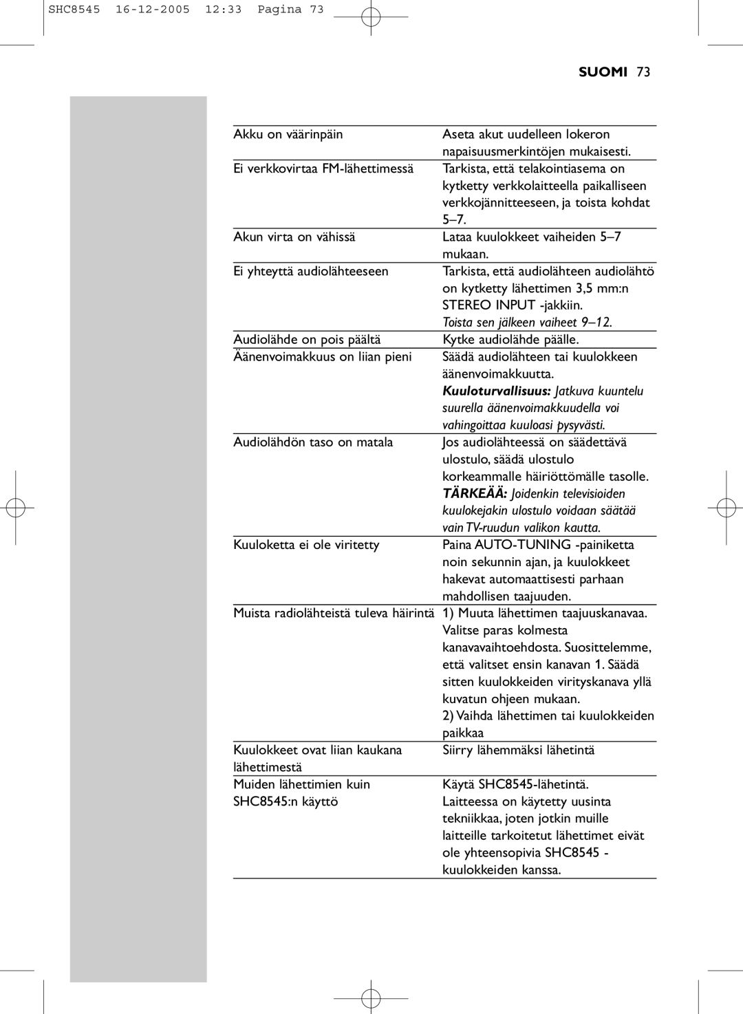 Philips SHC8545 manual Toista sen jälkeen vaiheet, Vahingoittaa kuuloasi pysyvästi, Vain TV-ruudun valikon kautta 