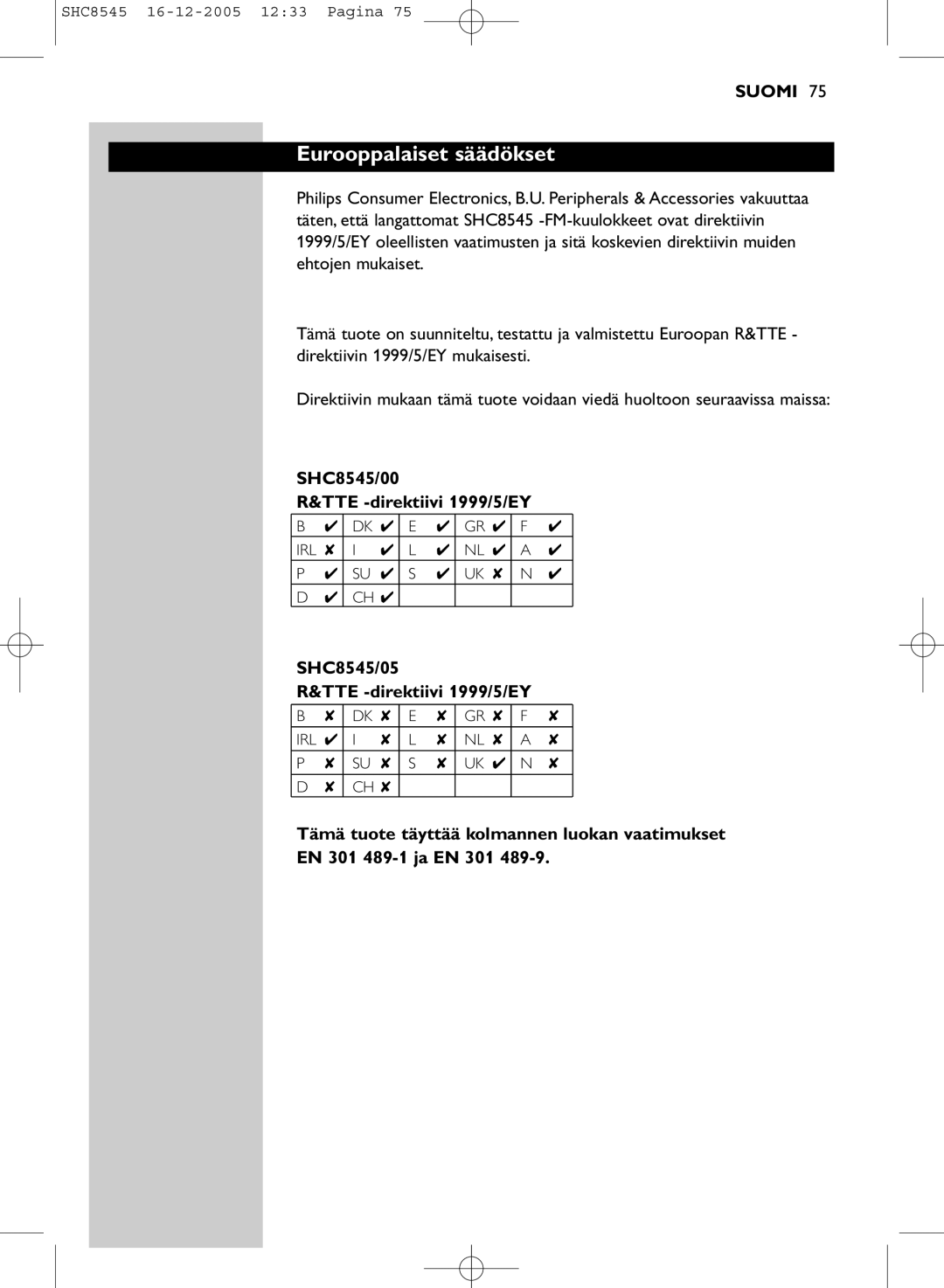 Philips manual Eurooppalaiset säädökset, SHC8545/00 TTE -direktiivi 1999/5/EY, SHC8545/05 TTE -direktiivi 1999/5/EY 