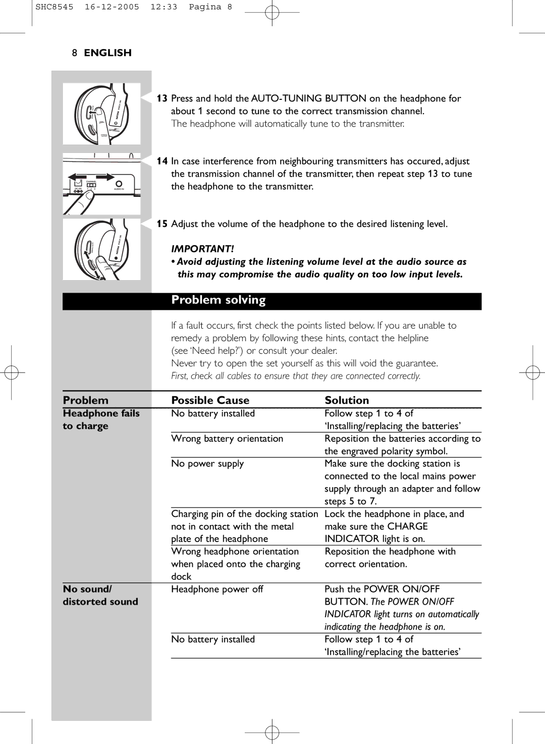 Philips SHC8545 manual Problem solving, Problem Possible Cause Solution 