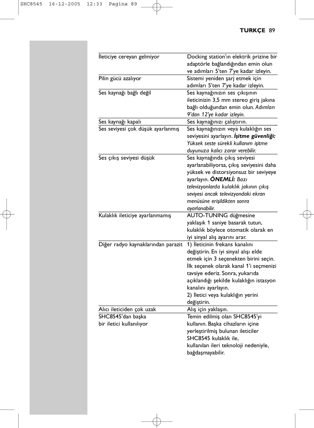 Philips SHC8545 manual 9dan 12ye kadar izleyin, Duyunuza kalıcı zarar verebilir, Menüsüne erişildikten sonra, Ayarlanabilir 