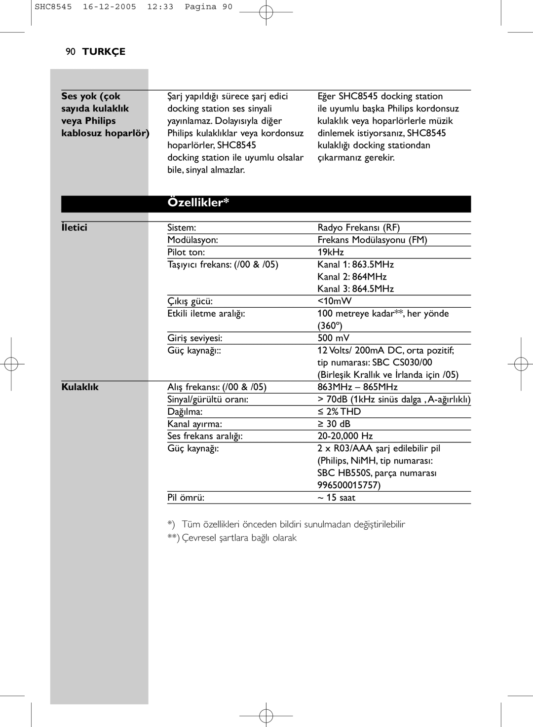 Philips SHC8545 manual Özellikler 