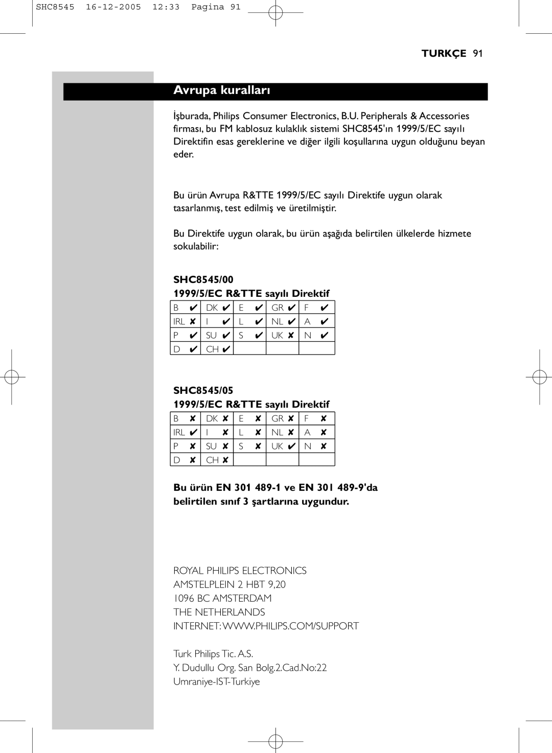 Philips manual Avrupa kuralları, SHC8545/00 1999/5/EC R&TTE sayılı Direktif, SHC8545/05 1999/5/EC R&TTE sayılı Direktif 