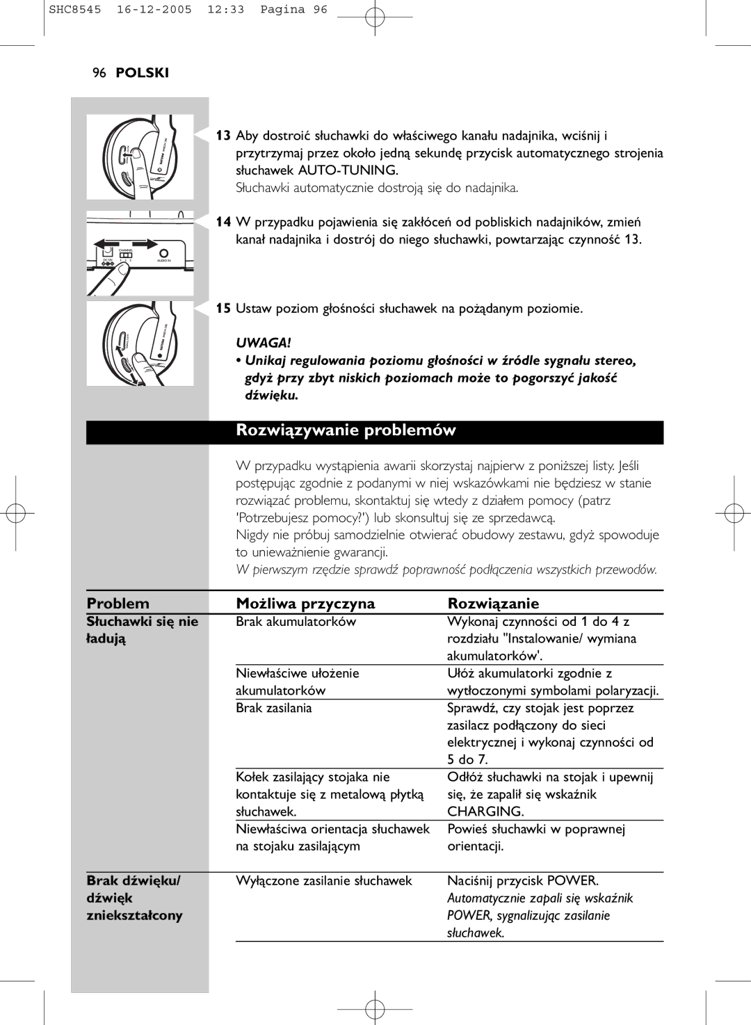 Philips SHC8545 manual Rozwiązywanie problemów, Problem Możliwa przyczyna Rozwiązanie 