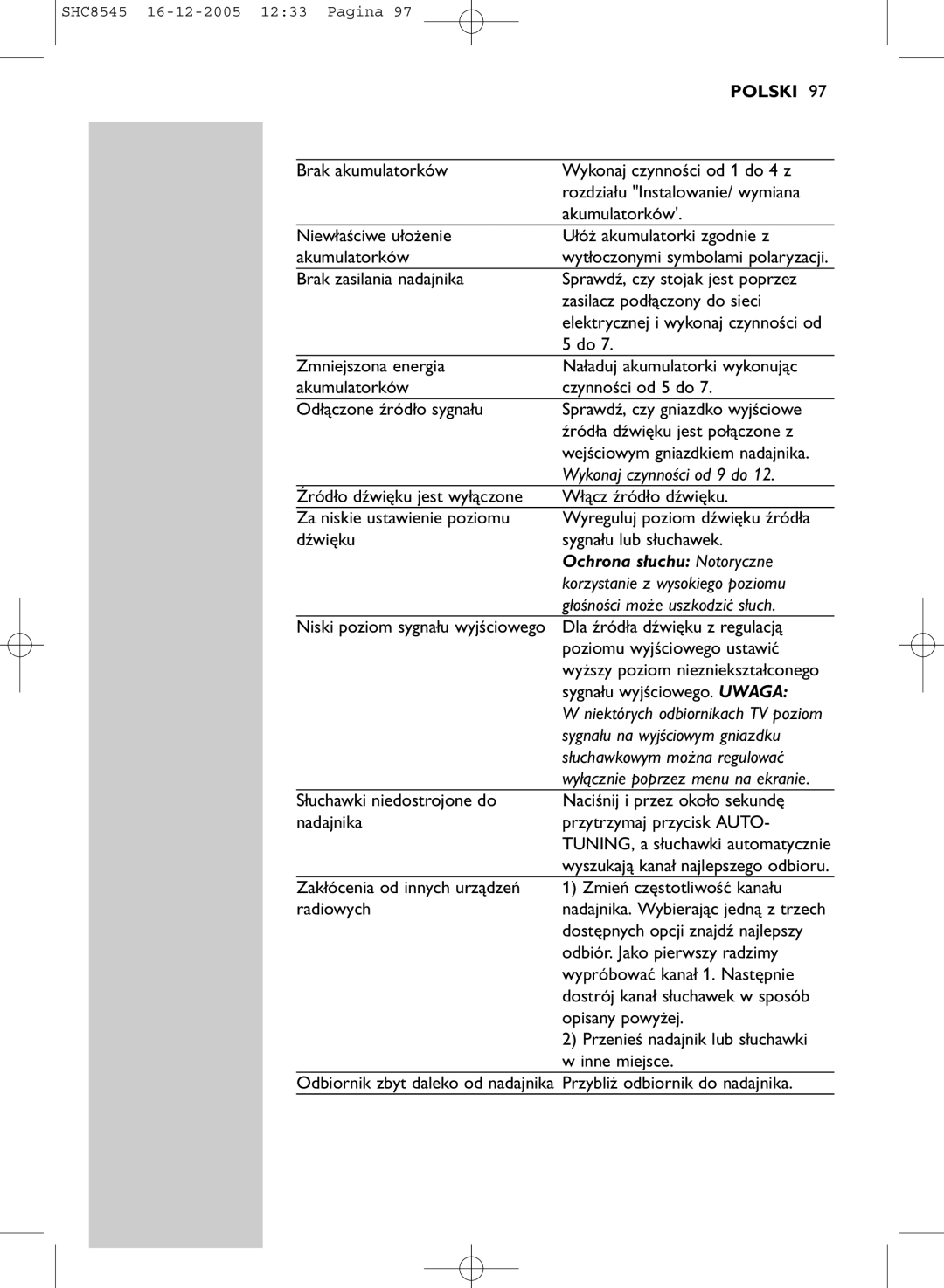 Philips SHC8545 manual Wykonaj czynności od 9 do, Głośności może uszkodzić słuch, Sygnału na wyjściowym gniazdku 