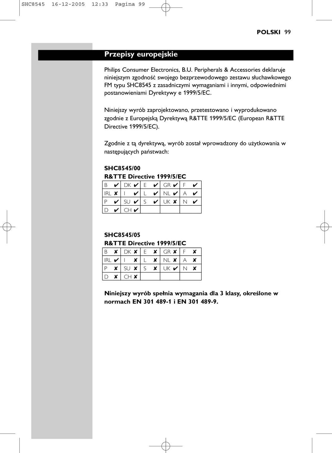 Philips manual Przepisy europejskie, SHC8545/00 TTE Directive 1999/5/EC 