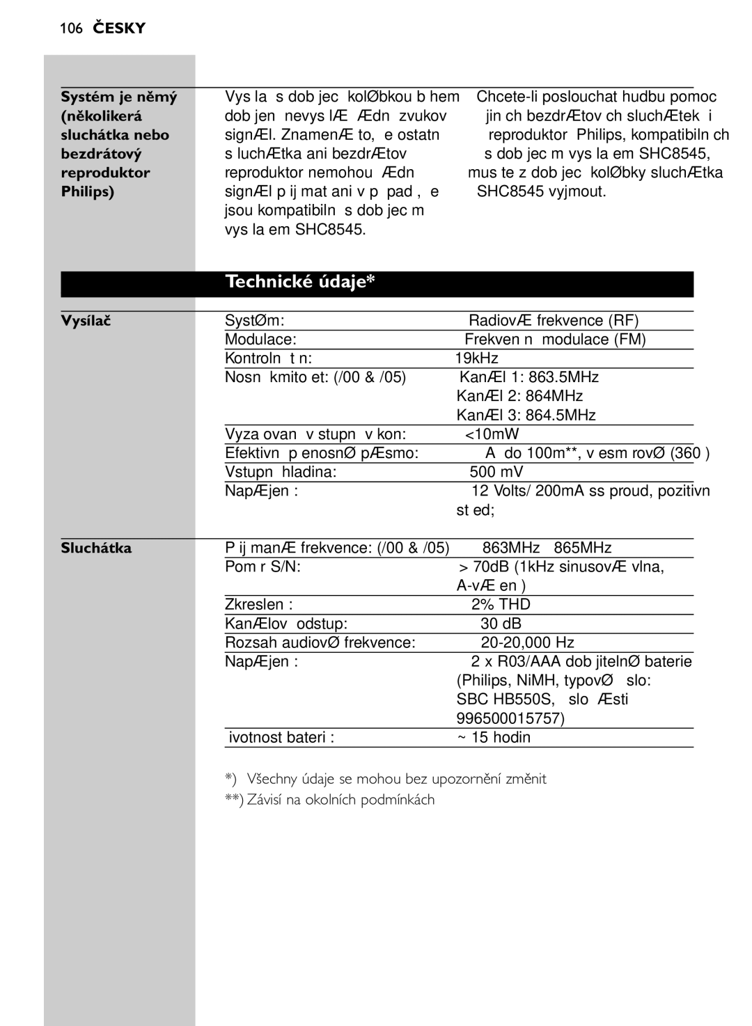 Philips SHC8545/00 manual Technické údaje 