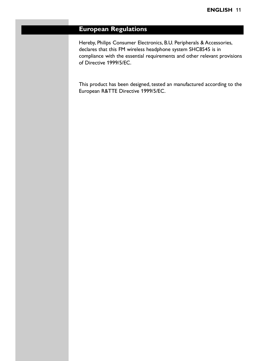 Philips SHC8545/00 manual European Regulations 