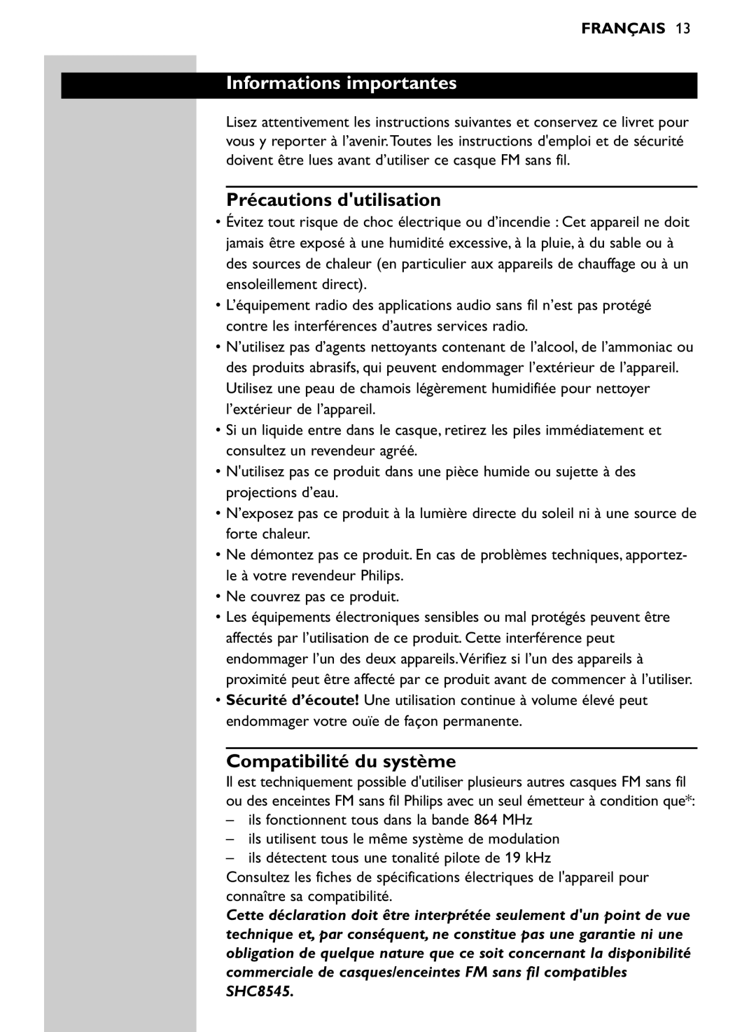 Philips SHC8545/00 manual Informations importantes, Précautions dutilisation, Compatibilité du système 