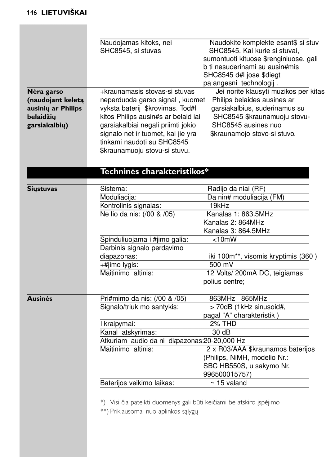 Philips SHC8545/00 manual Techninės charakteristikos 