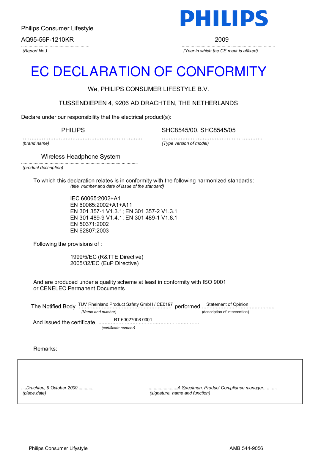 Philips SHC8545/00 manual EC Declaration of Conformity 