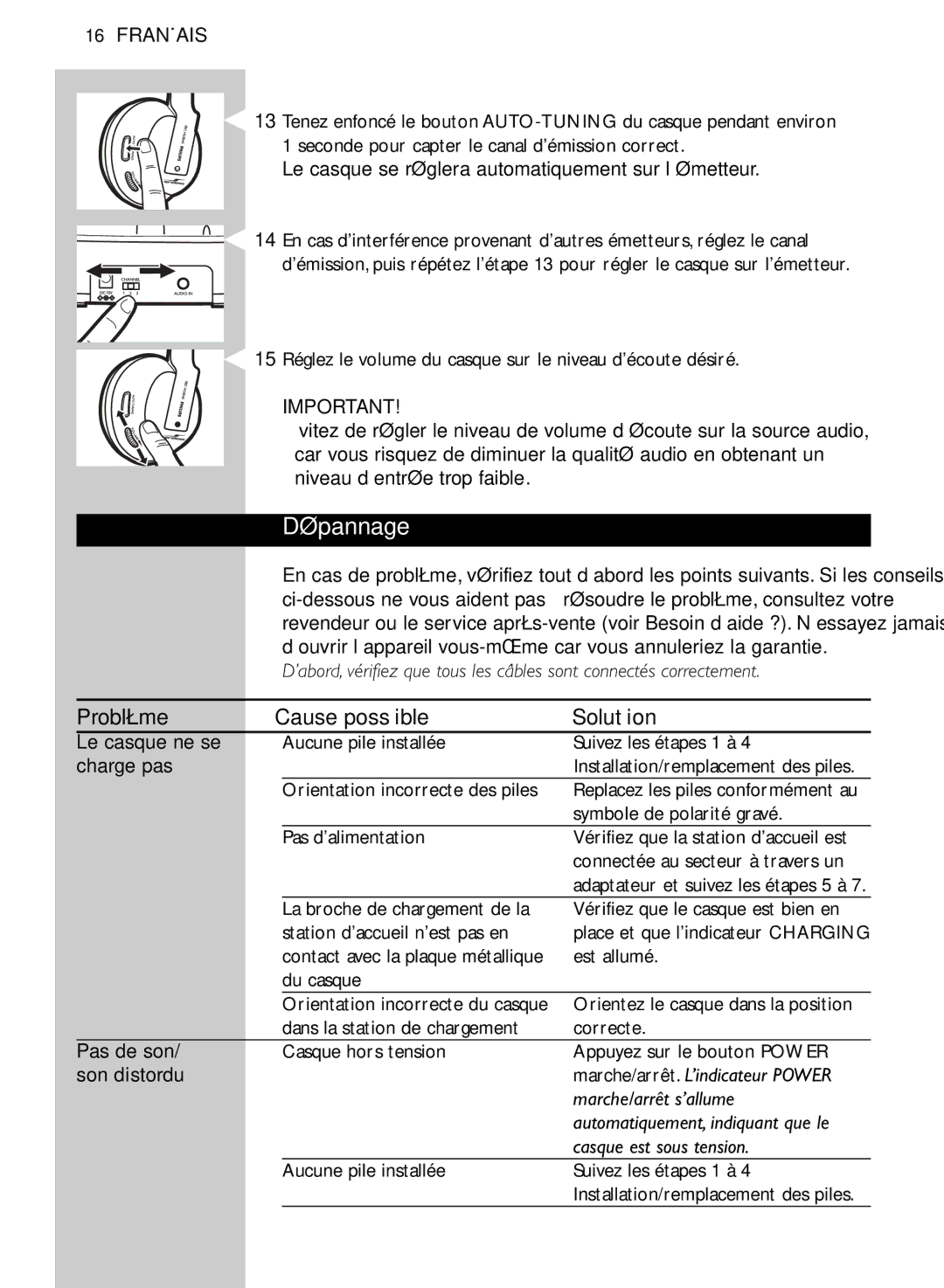 Philips SHC8545/00 manual Dépannage, Problème Cause possible Solution 