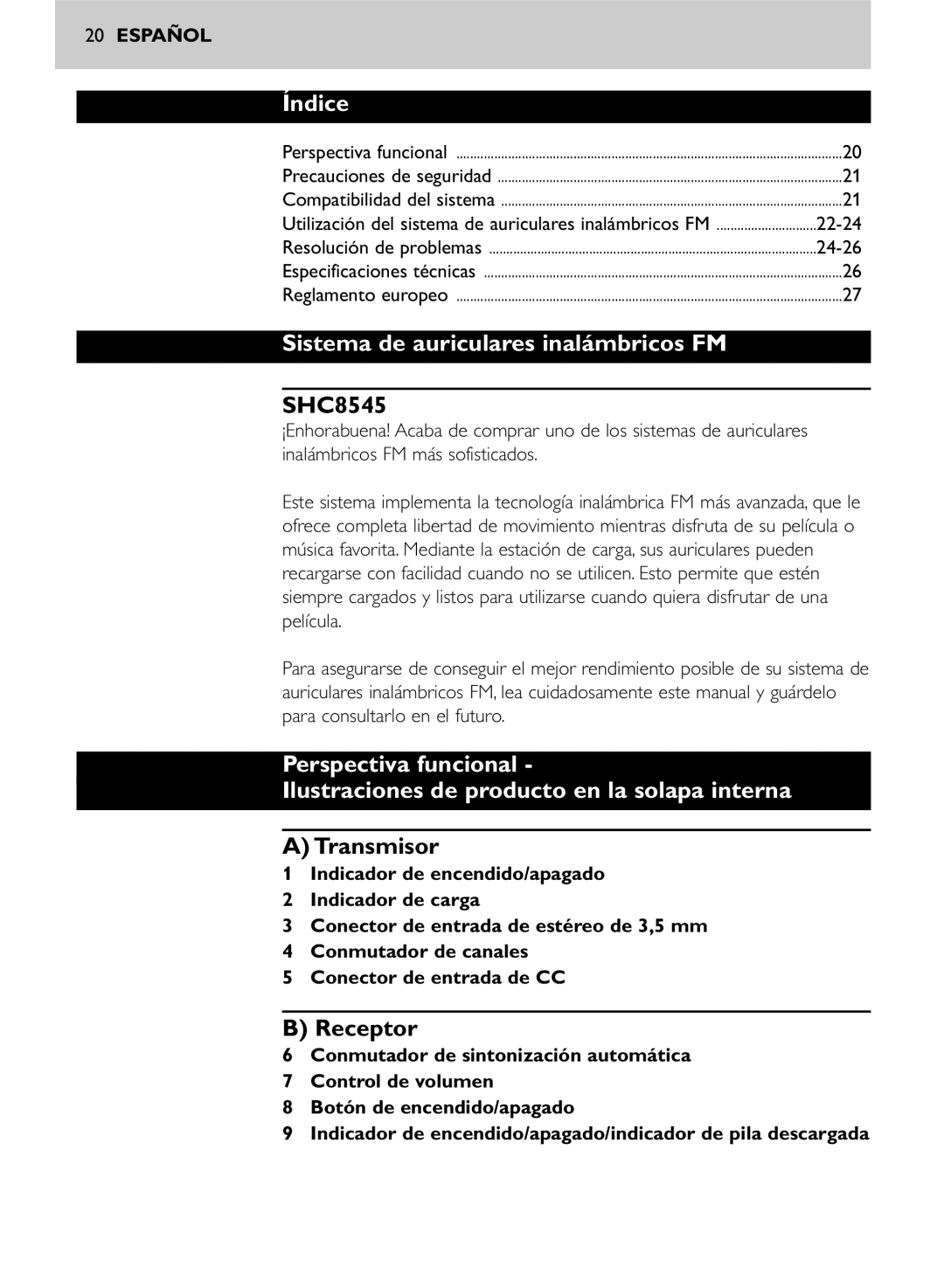 Philips SHC8545/00 manual Índice, Sistema de auriculares inalámbricos FM, Transmisor, Receptor 