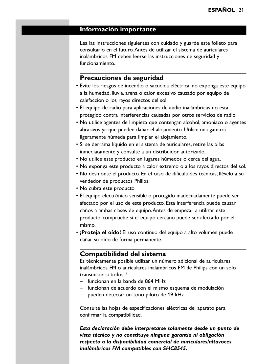 Philips SHC8545/00 manual Información importante, Precauciones de seguridad, Compatibilidad del sistema 