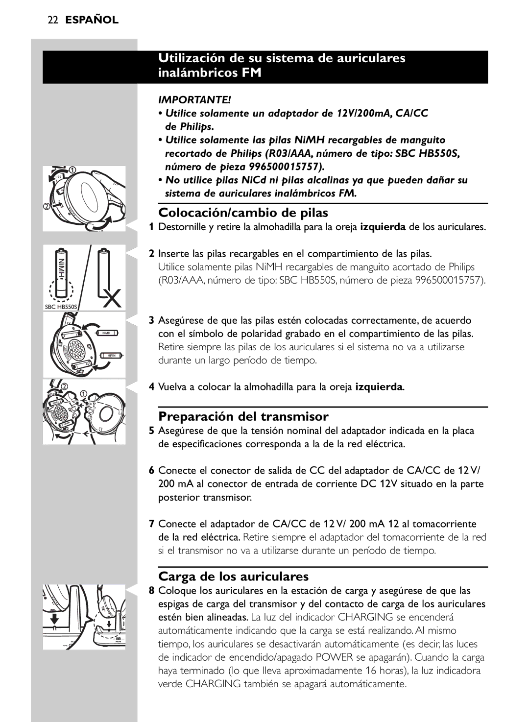 Philips SHC8545/00 manual Utilización de su sistema de auriculares Inalámbricos FM, Colocación/cambio de pilas, Importante 