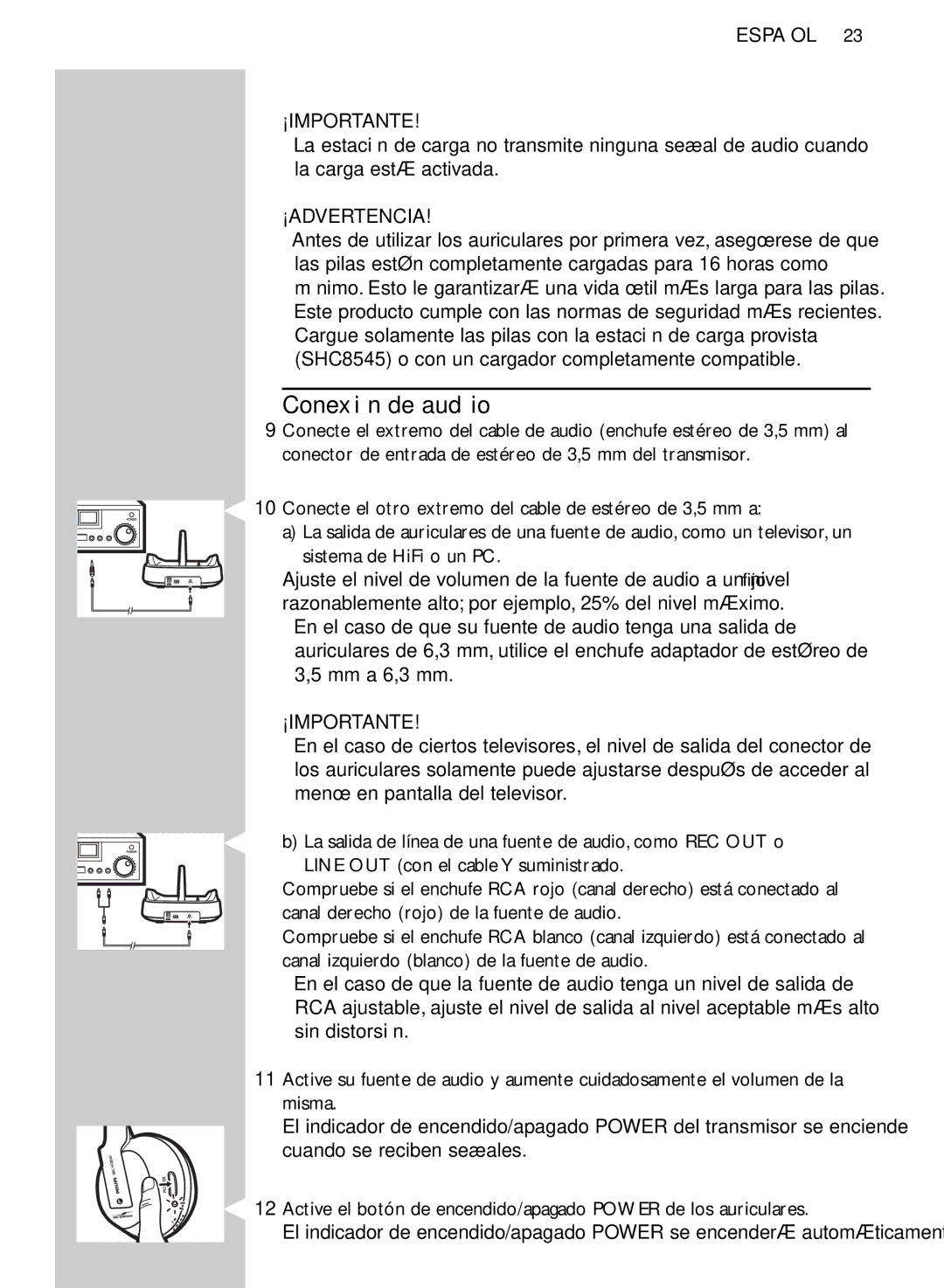 Philips SHC8545/00 manual Conexión de audio, ¡Importante, ¡Advertencia 