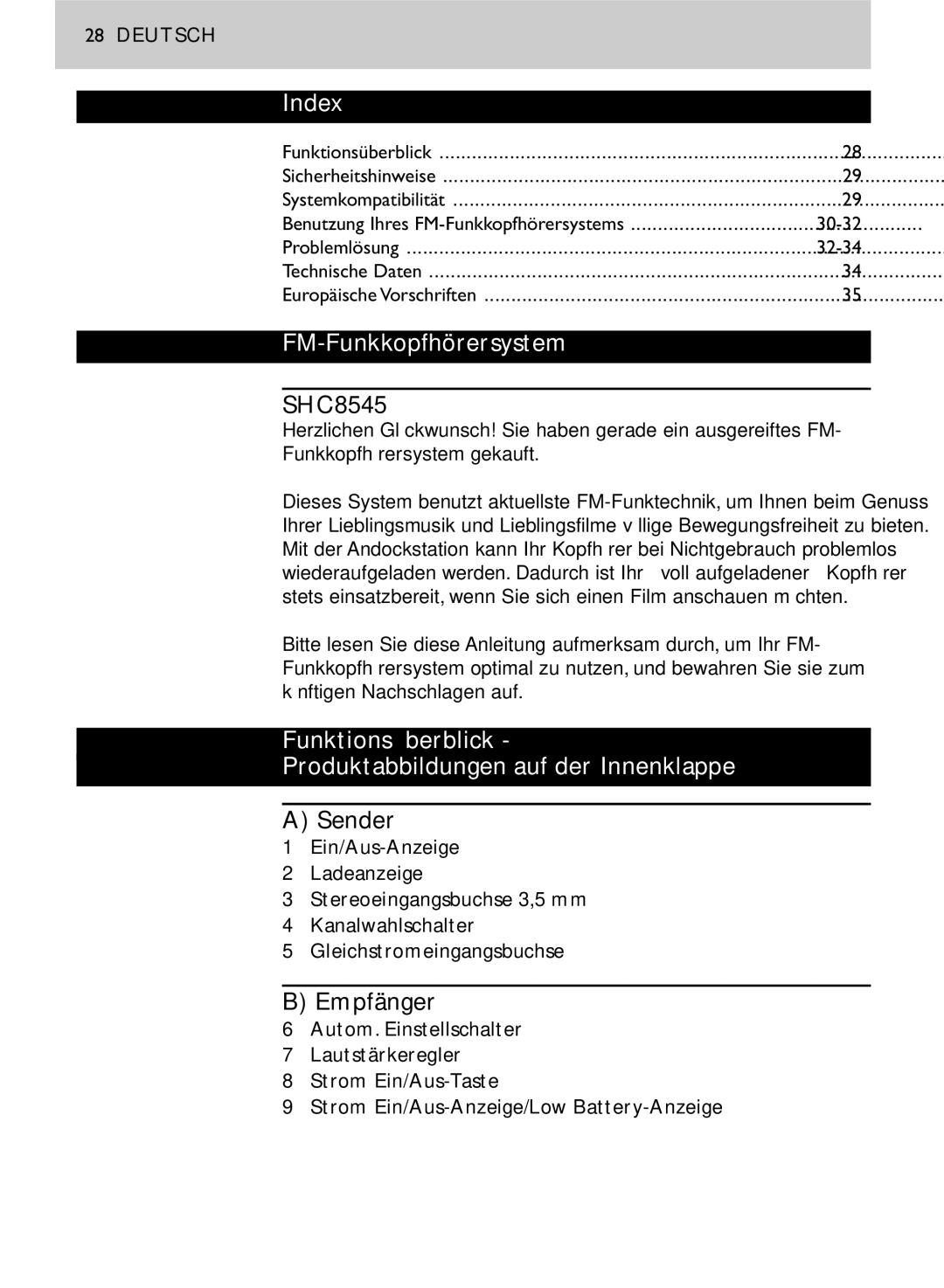 Philips SHC8545/00 FM-Funkkopfhörersystem, Funktionsüberblick Produktabbildungen auf der Innenklappe, Sender, Empfänger 