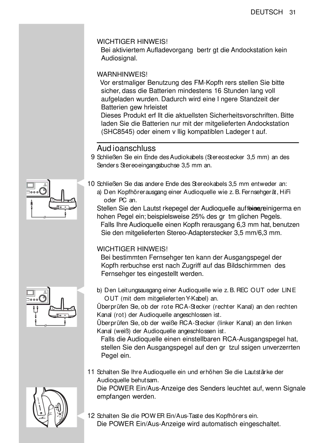 Philips SHC8545/00 manual Audioanschluss, Warnhinweis 