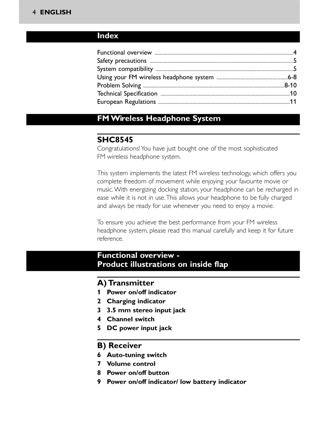 Philips SHC8545/00 manual Index, FM Wireless Headphone System, Functional overview Product illustrations on inside flap 