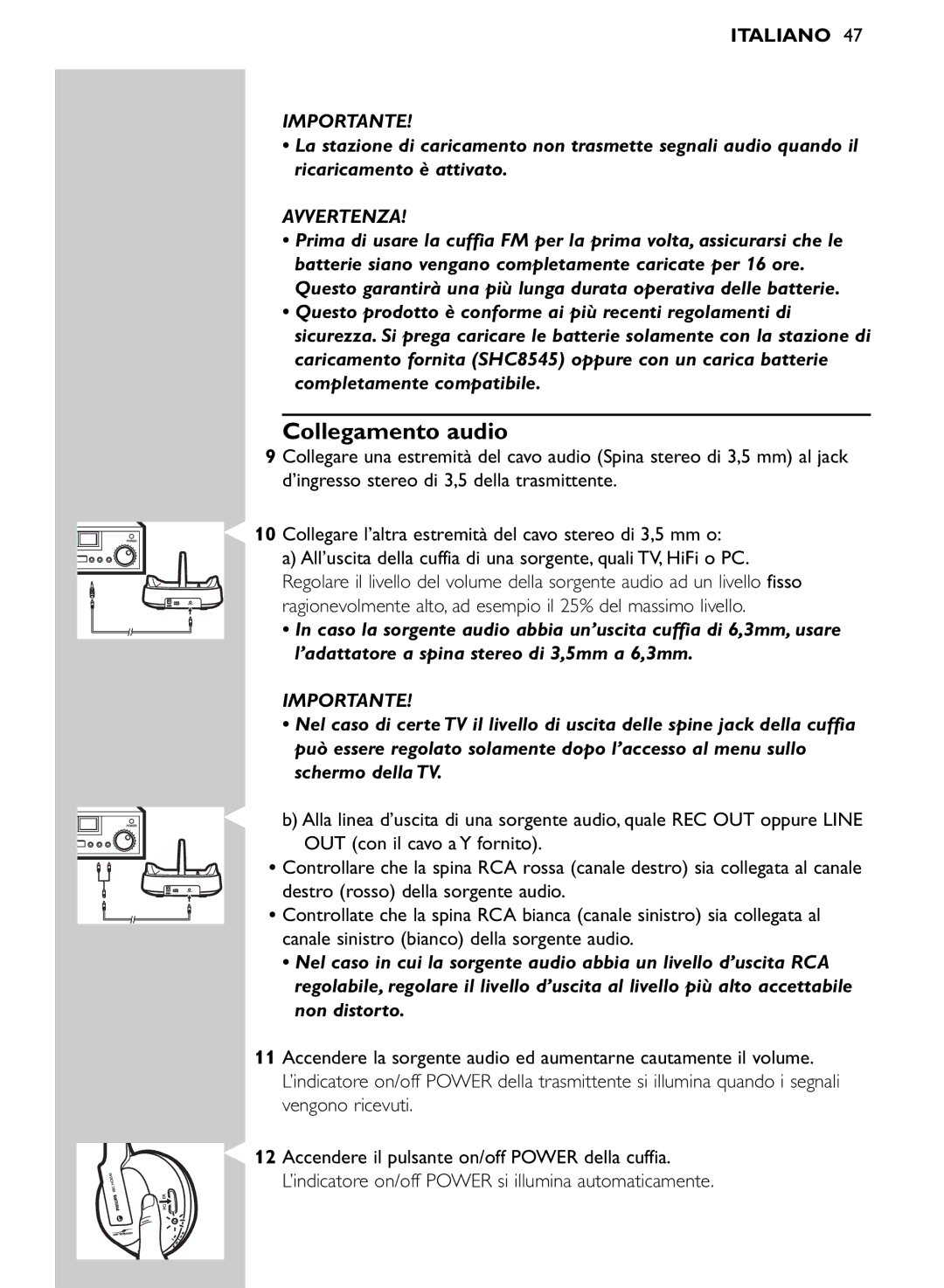 Philips SHC8545/00 manual Collegamento audio, Avvertenza 