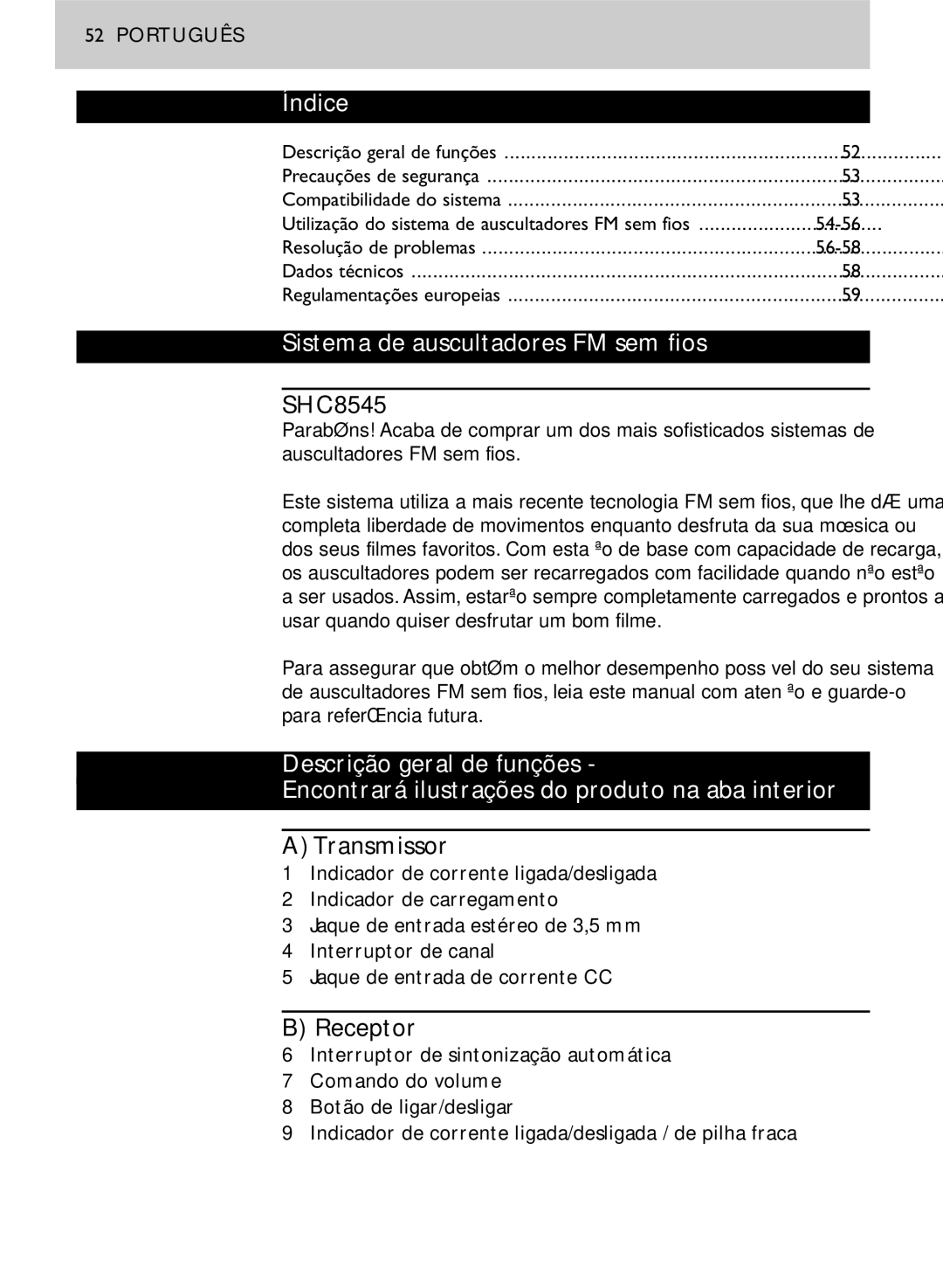 Philips SHC8545/00 manual Sistema de auscultadores FM sem fios, Transmissor, Auscultadores FM sem fios 