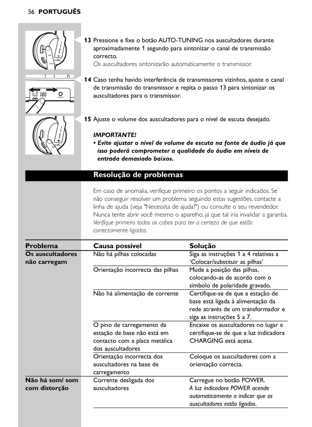 Philips SHC8545/00 manual Resolução de problemas, Problema Causa possível Solução, Entrada demasiado baixos 