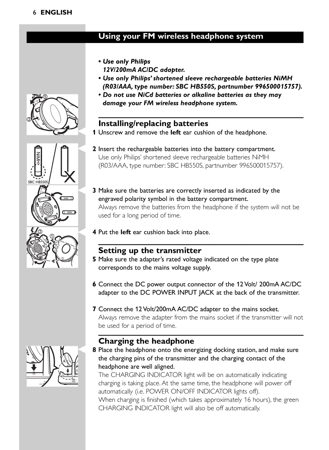 Philips SHC8545/00 Using your FM wireless headphone system, Installing/replacing batteries, Setting up the transmitter 