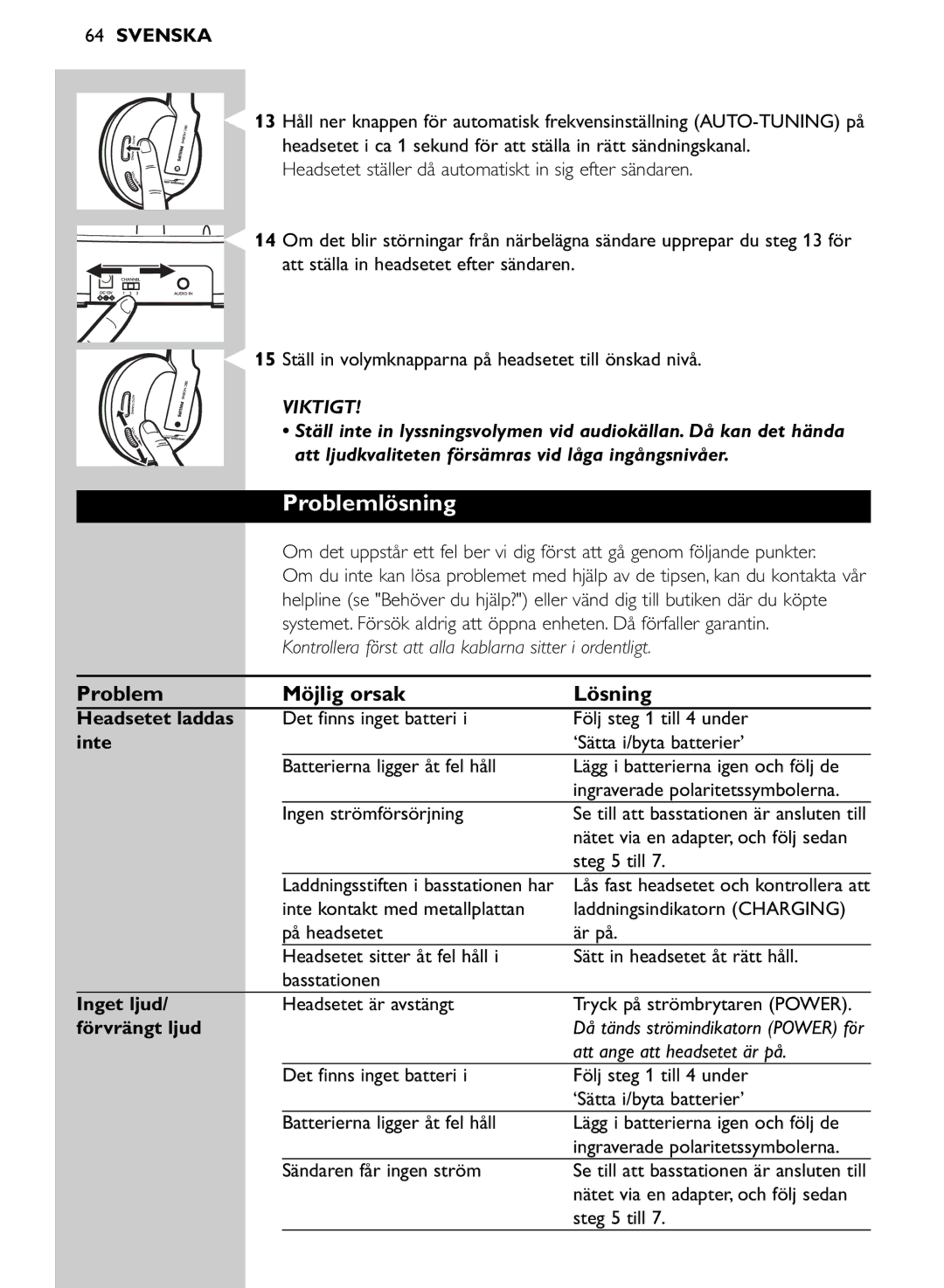 Philips SHC8545/00 manual Problemlösning, Problem Möjlig orsak Lösning 