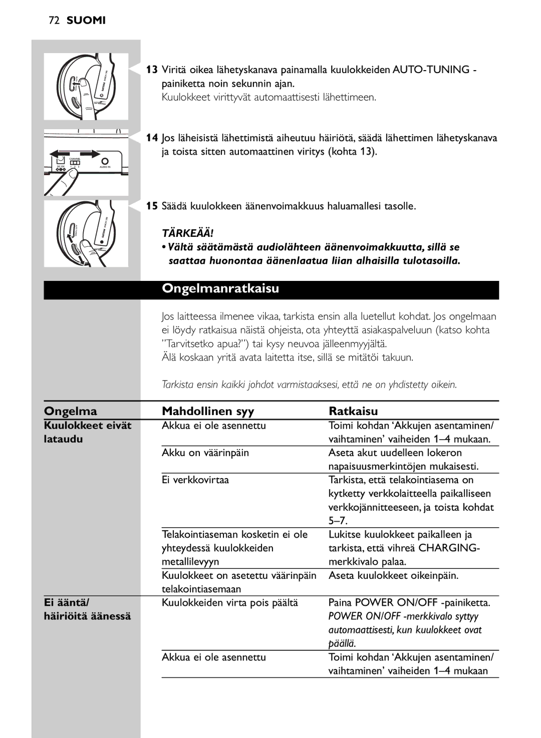 Philips SHC8545/00 manual Ongelmanratkaisu, Ongelma Mahdollinen syy Ratkaisu 