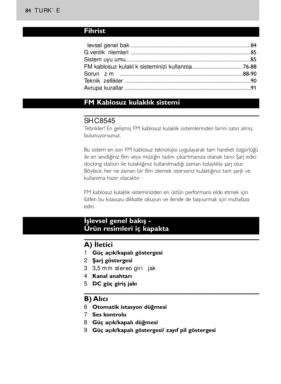 Philips SHC8545/00 Fihrist, FM Kablosuz kulaklık sistemi, İşlevsel genel bakış Ürün resimleri iç kapakta, İletici, Alıcı 