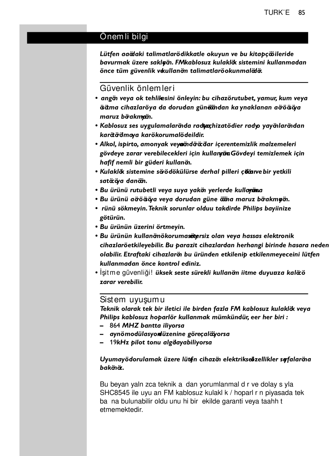 Philips SHC8545/00 manual Önemli bilgi, Güvenlik önlemleri, Sistem uyuşumu 