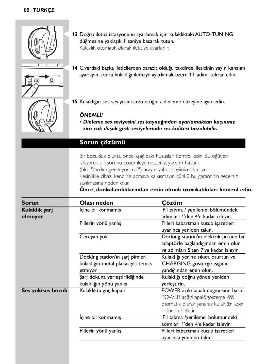 Philips SHC8545/00 manual Sorun çözümü, Sorun Olası neden Çözüm, Kulaklık şarj, Olmuyor, Ses yok/ses bozuk 