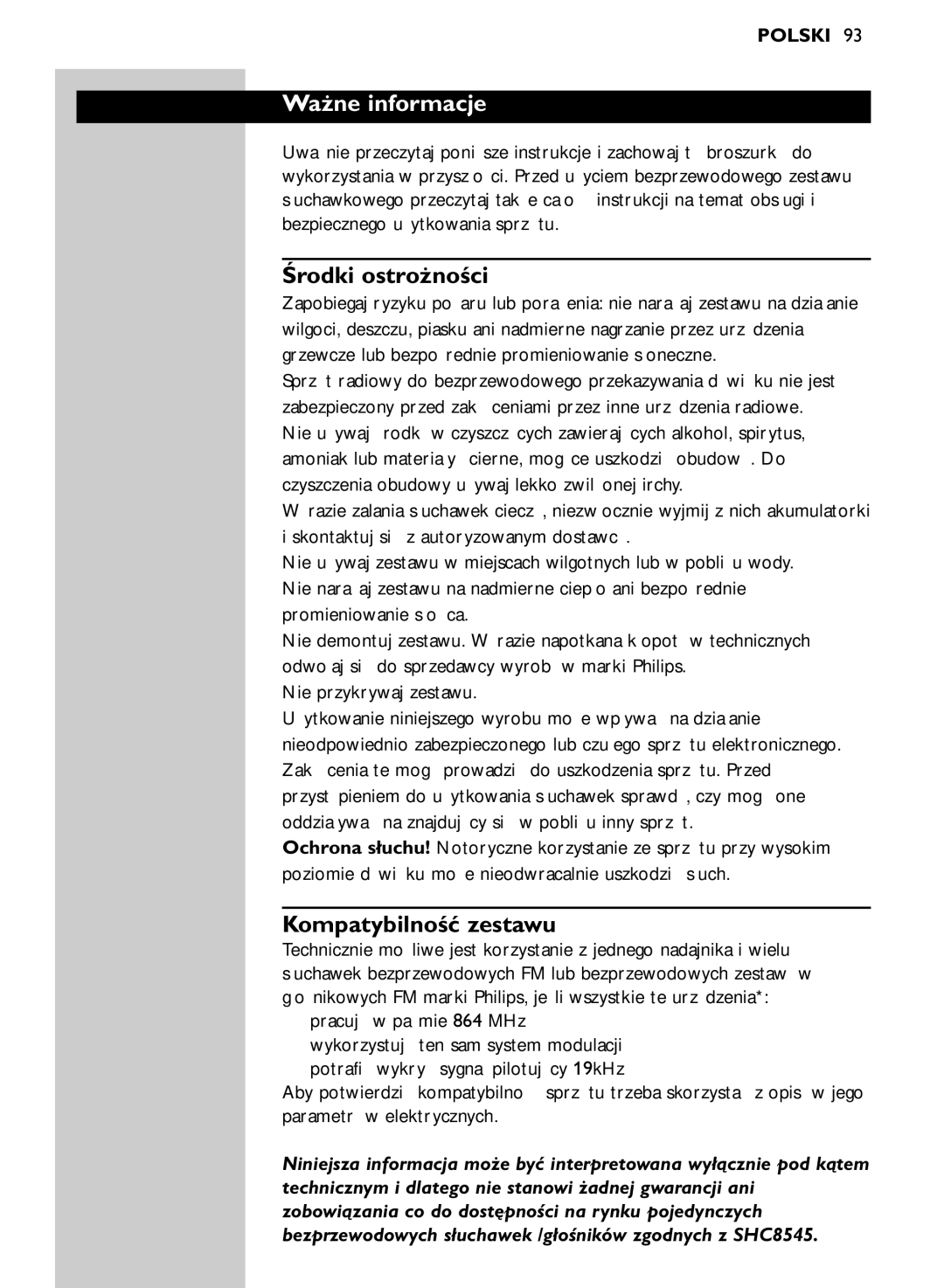 Philips SHC8545/00 manual Ważne informacje, Środki ostrożności, Kompatybilność zestawu, Nie przykrywaj zestawu 