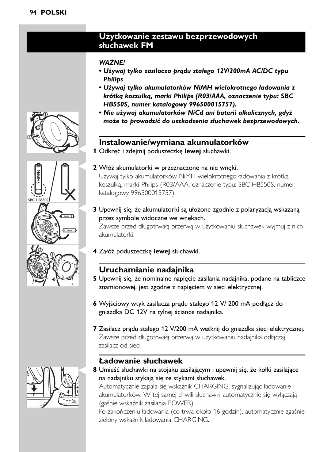 Philips SHC8545/00 manual Użytkowanie zestawu bezprzewodowych Słuchawek FM, Instalowanie/wymiana akumulatorków, Ważne 