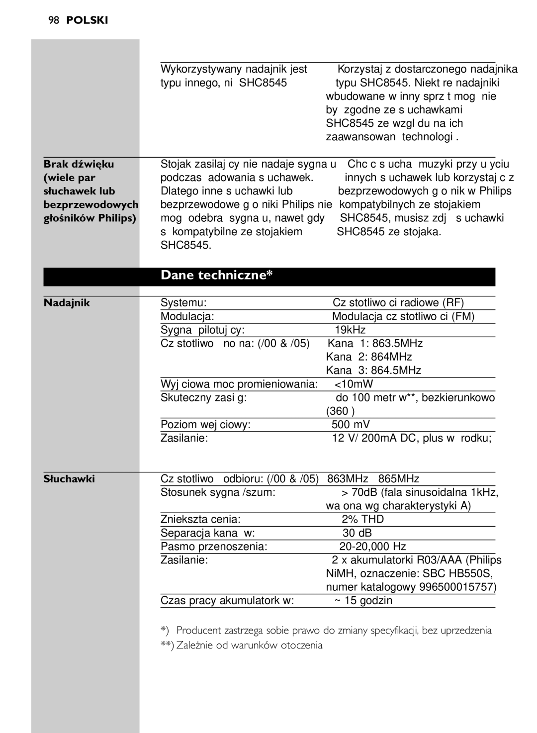 Philips SHC8545/00 manual Dane techniczne 