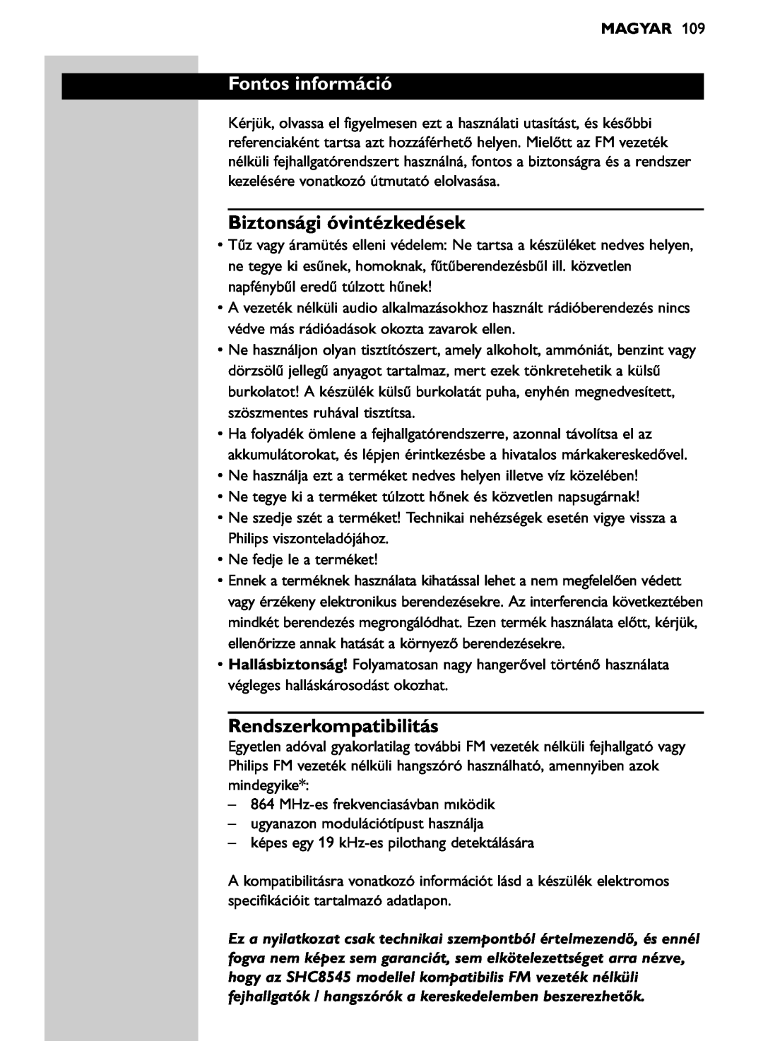 Philips SHC8545/00 manual Fontos információ, Biztonsági óvintézkedések, Rendszerkompatibilitás, Magyar 