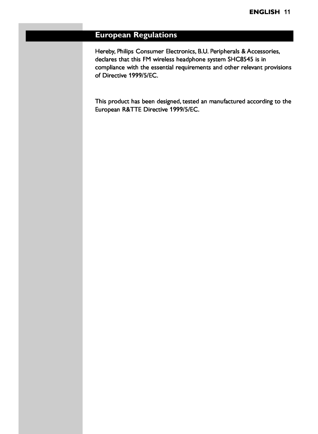 Philips SHC8545/00 manual European Regulations, English 