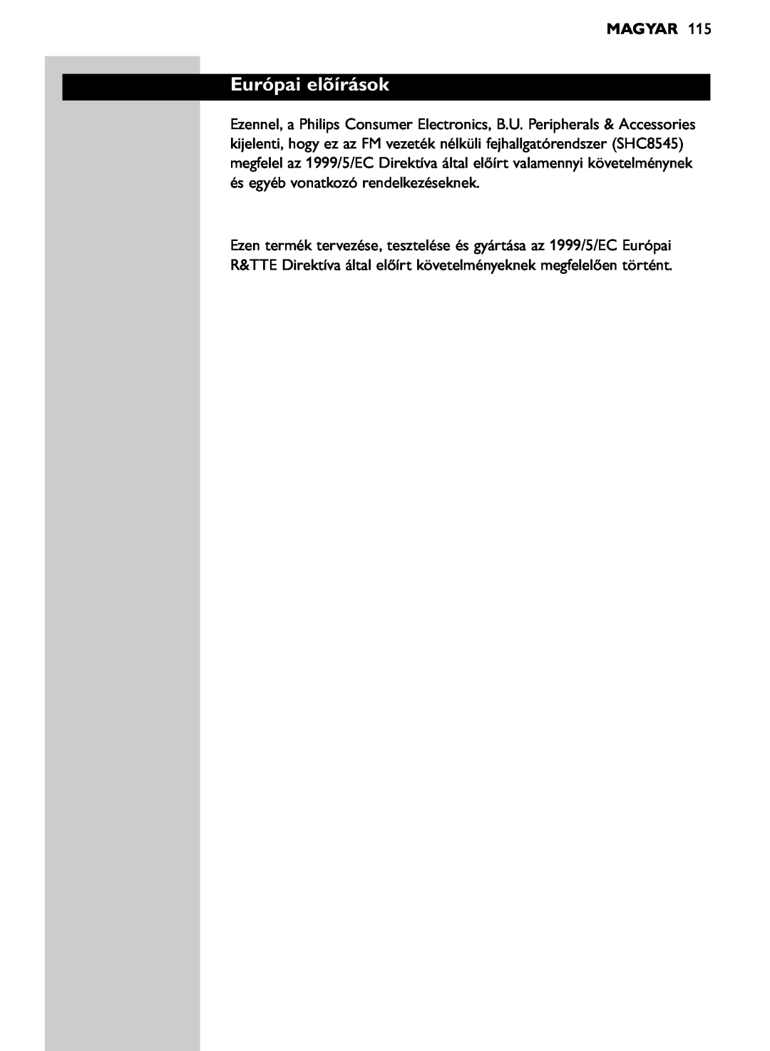 Philips SHC8545/00 manual Európai elõírások, Magyar 