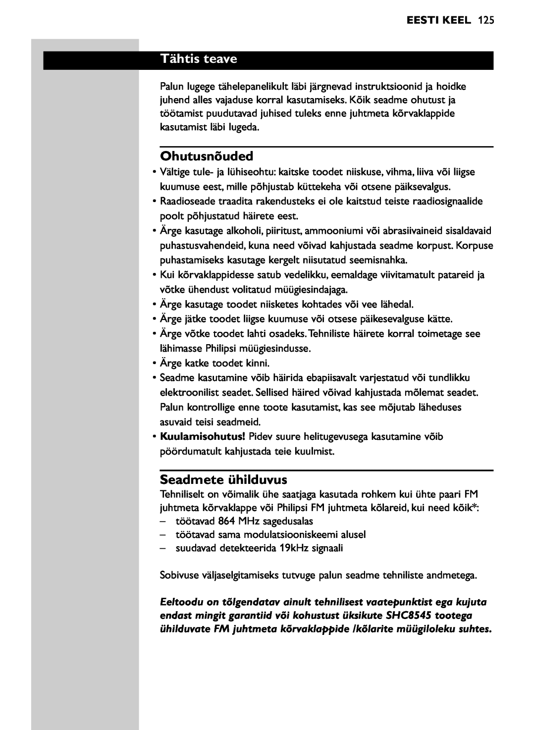 Philips SHC8545/00 manual Tähtis teave, Ohutusnõuded, Seadmete ühilduvus, Eesti Keel 