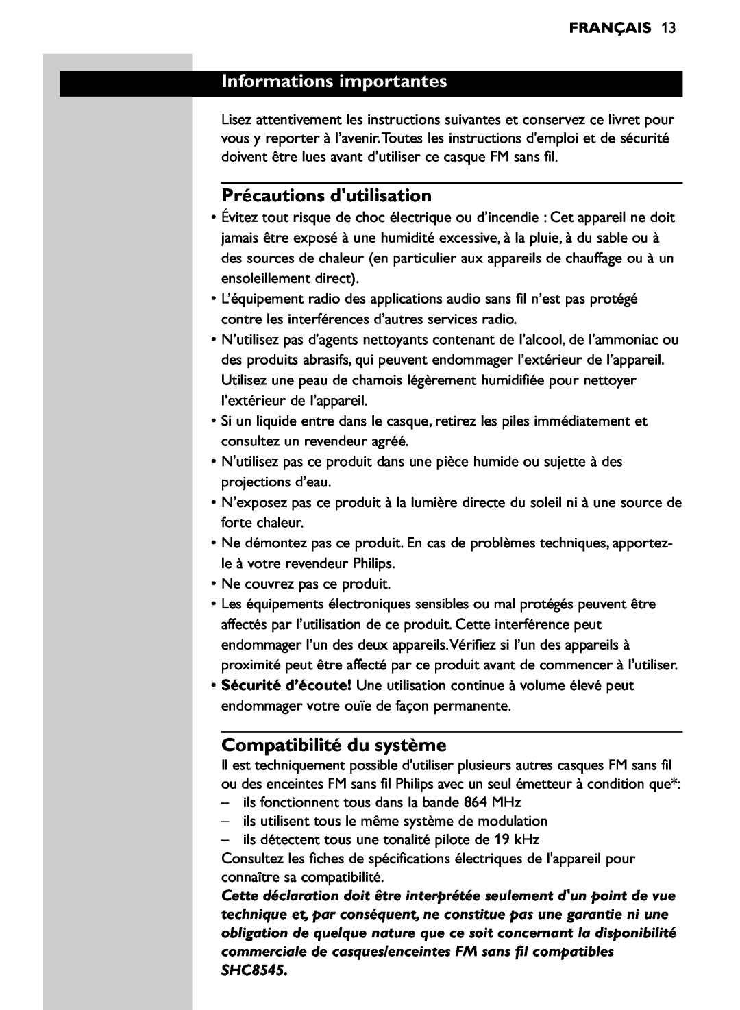 Philips SHC8545/00 manual Informations importantes, Précautions dutilisation, Compatibilité du système, Français 