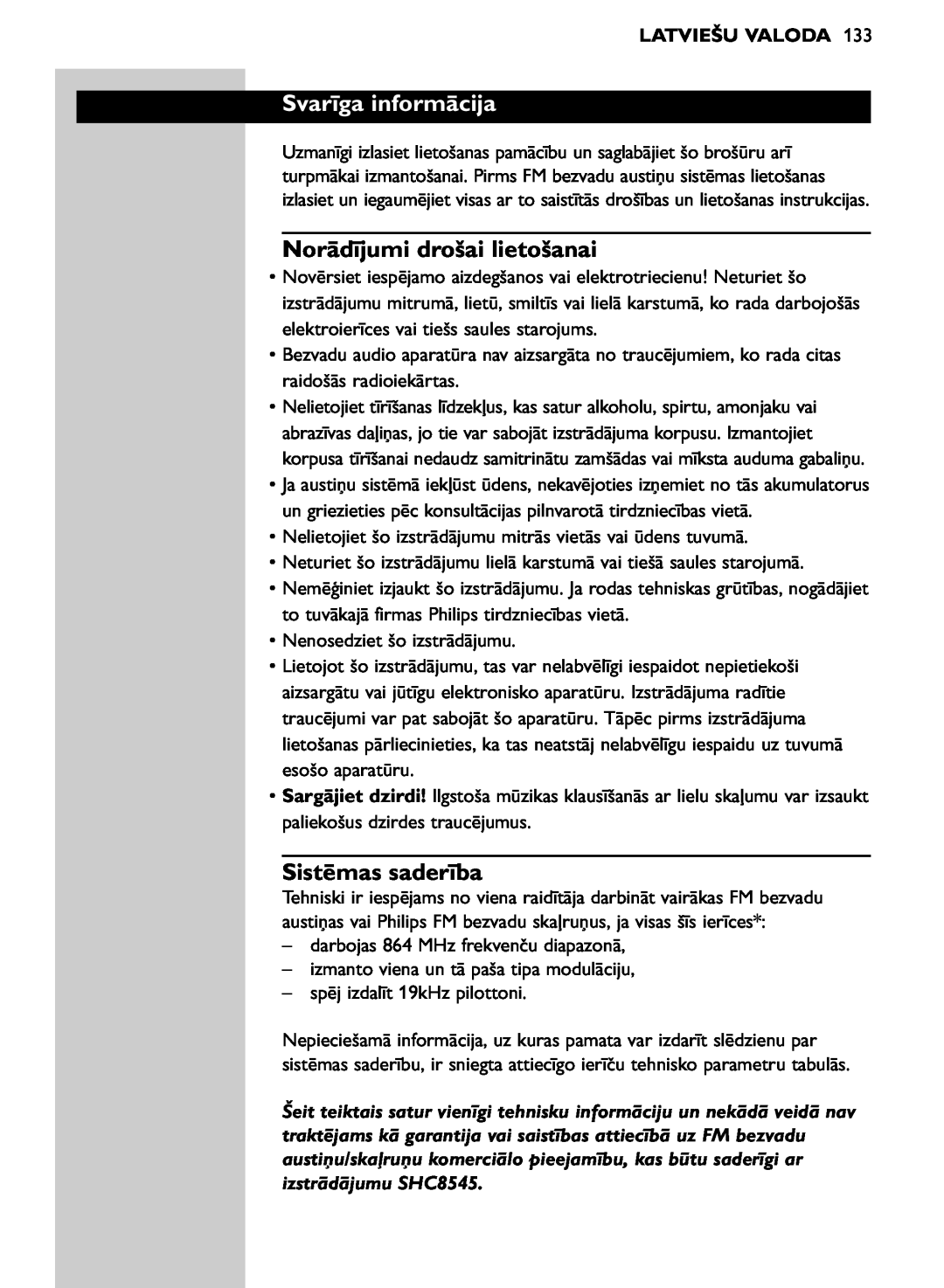 Philips SHC8545/00 manual Svarīga informācija, Norādījumi drošai lietošanai, Sistēmas saderība, Latviešu Valoda 