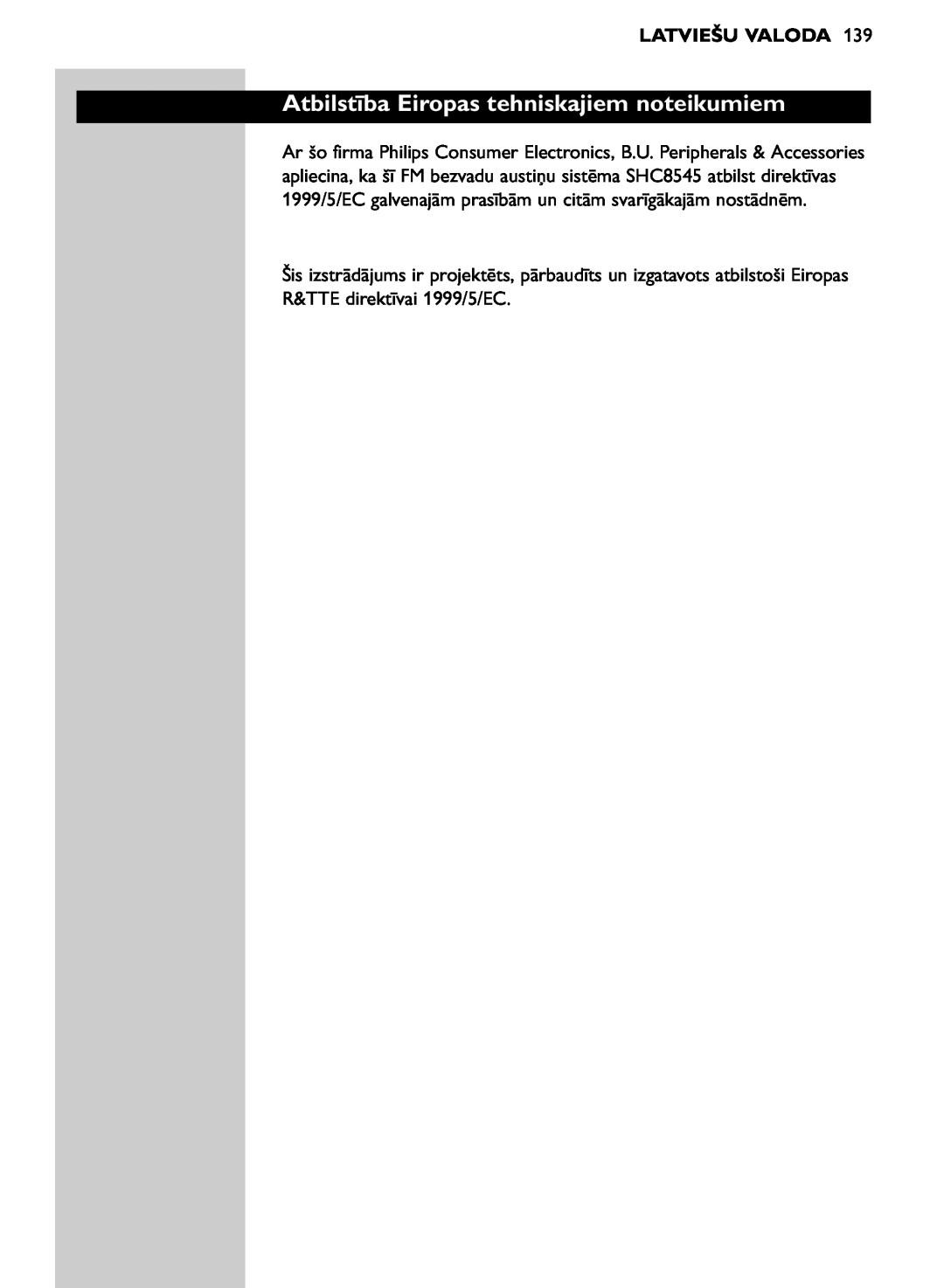 Philips SHC8545/00 manual Atbilstība Eiropas tehniskajiem noteikumiem, Latviešu Valoda 