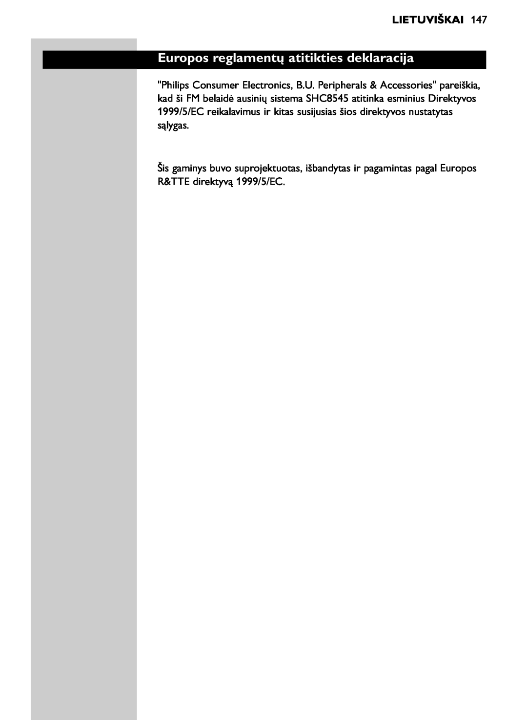 Philips SHC8545/00 manual Europos reglamentų atitikties deklaracija, Lietuviškai 