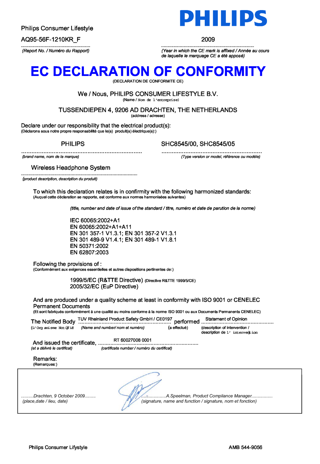 Philips SHC8545/00 manual Ec Declaration Of Conformity, Philips Consumer Lifestyle, AQ95-56F-1210KR_F, 2009 