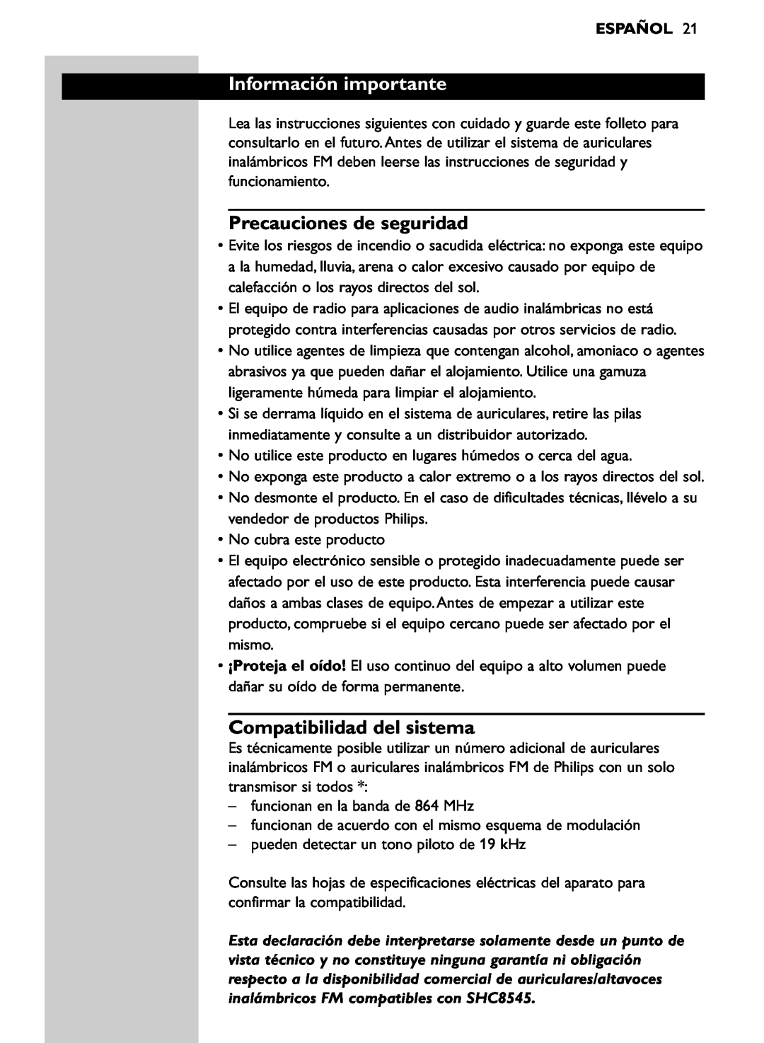 Philips SHC8545/00 manual Información importante, Precauciones de seguridad, Compatibilidad del sistema, Español 