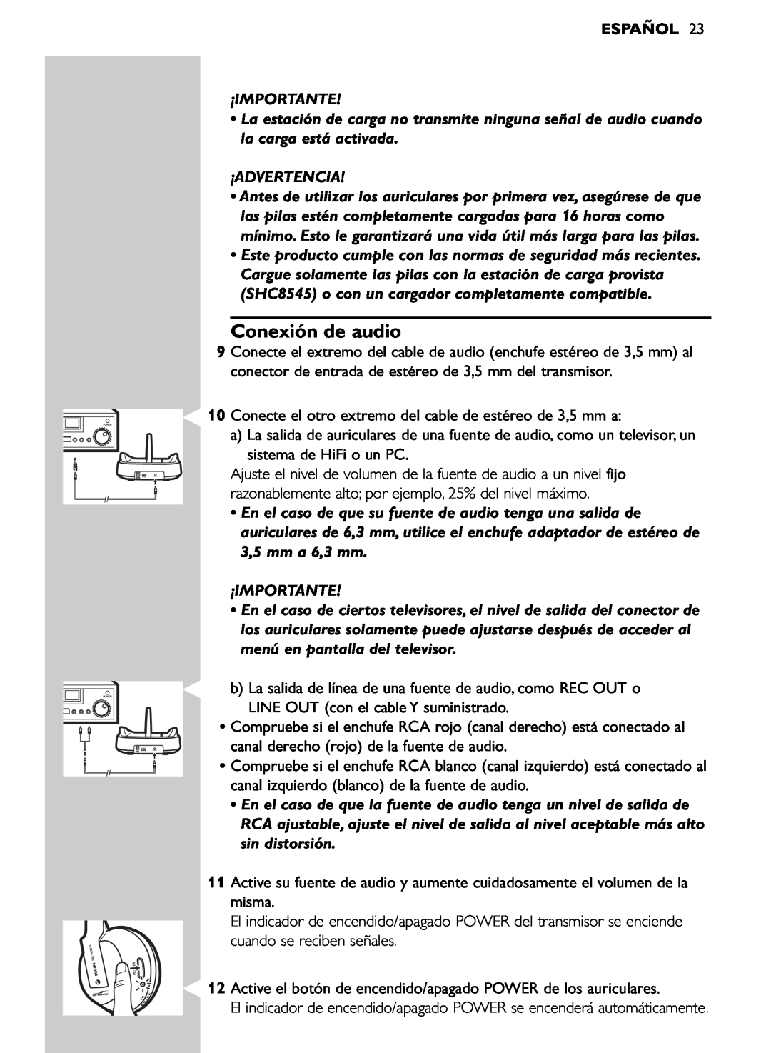 Philips SHC8545/00 manual Conexión de audio, Español, ¡Importante, ¡Advertencia 