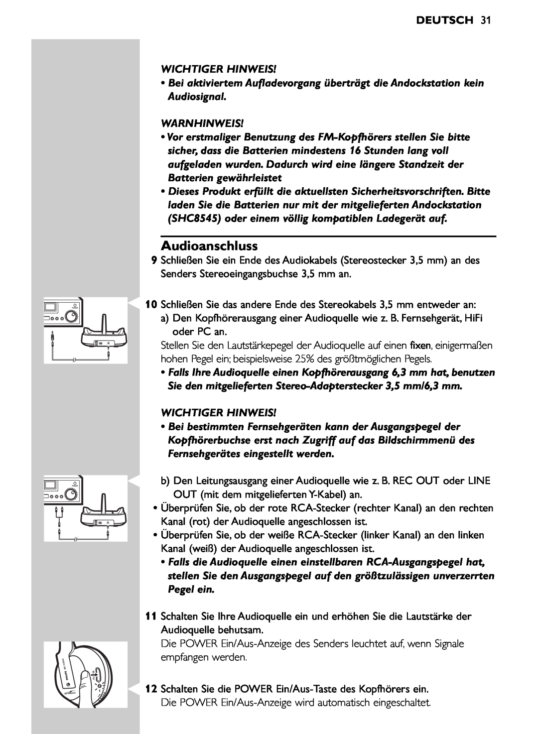 Philips SHC8545/00 manual Audioanschluss, Deutsch, Wichtiger Hinweis, Warnhinweis 