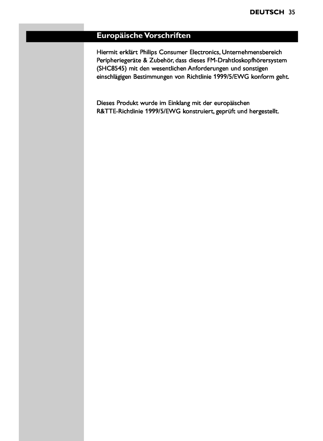 Philips SHC8545/00 manual Europäische Vorschriften, Deutsch 