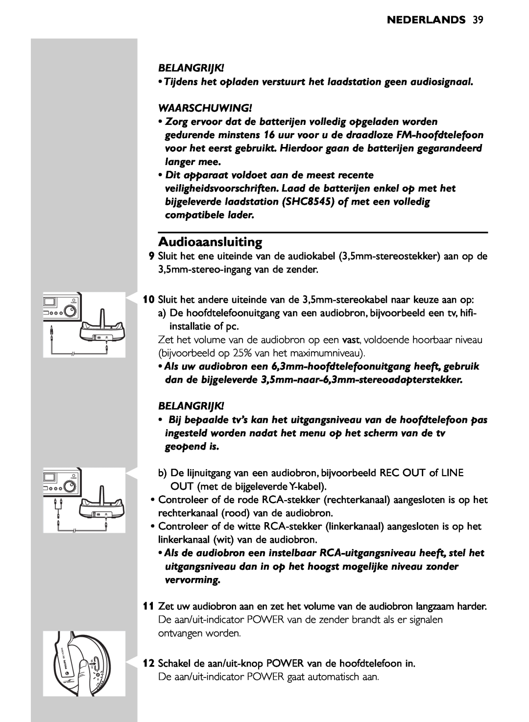 Philips SHC8545/00 manual Audioaansluiting, Nederlands, Belangrijk, Waarschuwing 