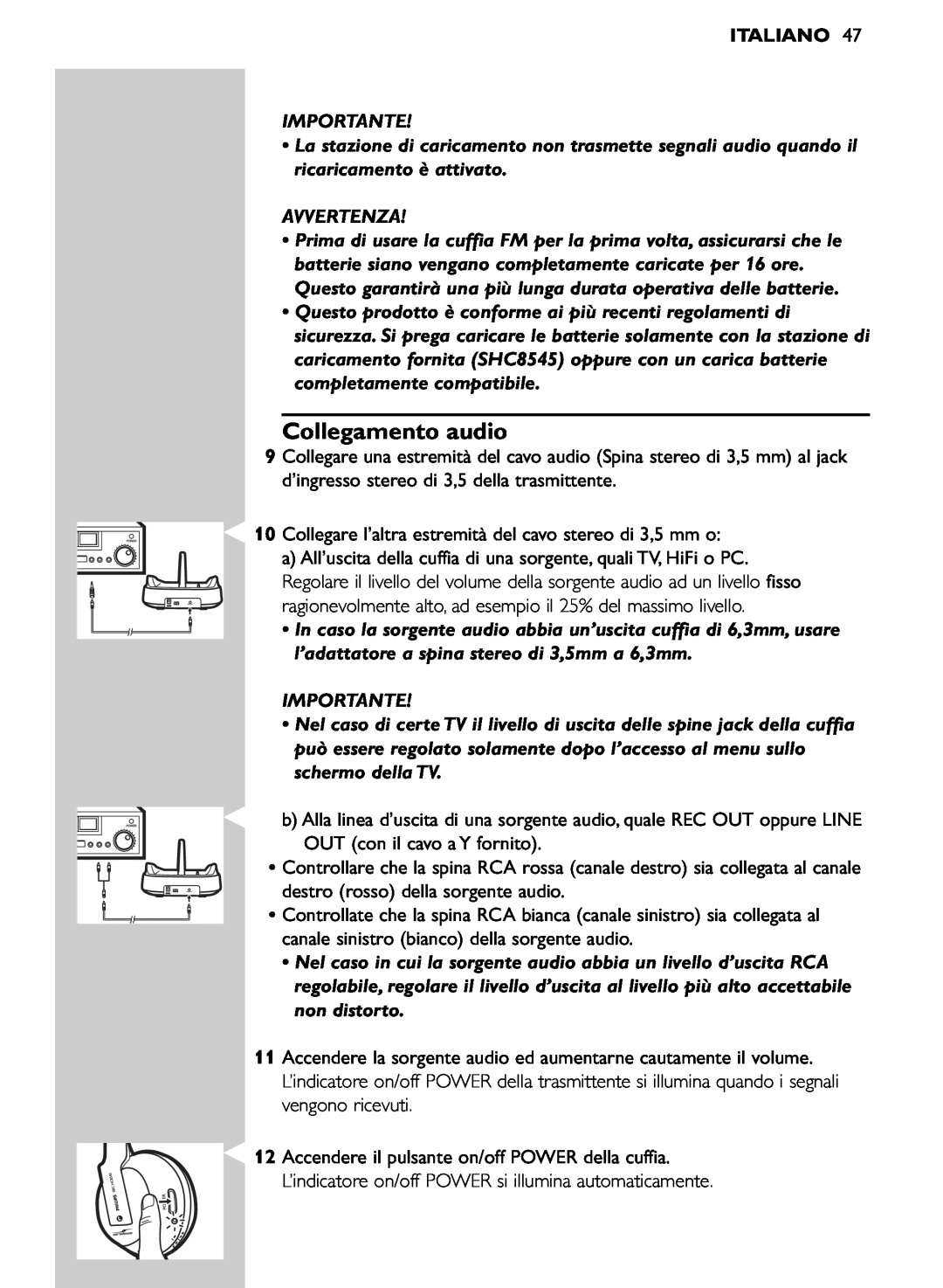 Philips SHC8545/00 manual Collegamento audio, Italiano, Importante, Avvertenza 