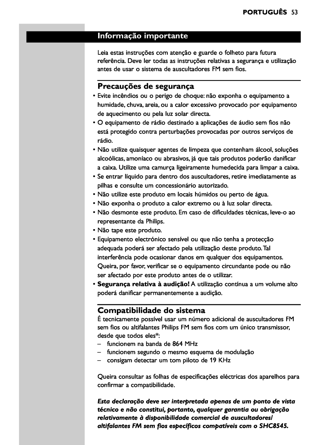Philips SHC8545/00 manual Informação importante, Precauções de segurança, Compatibilidade do sistema, Português 